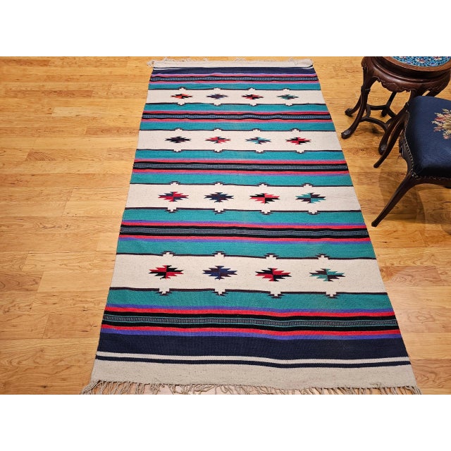 Rustic Vintage American Southwestern Kilim, Handwoven Wool, Stripe Pattern, Ivory & Green, 4’ X 8’ For Sale - Image 3 of 12