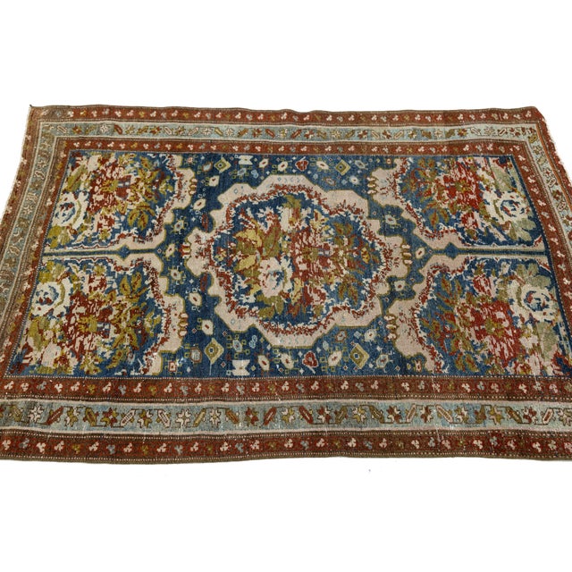 Ivory 19th Century Antique Malayer Rug With Floral Medallion in Indigo, Terracotta & Sage For Sale - Image 8 of 8