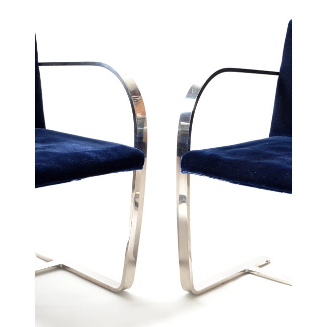 Metal Mies Van Der Rohe for Knoll Stainless Steel Brno Chairs Blue Velvet 1977, Pair For Sale - Image 7 of 13