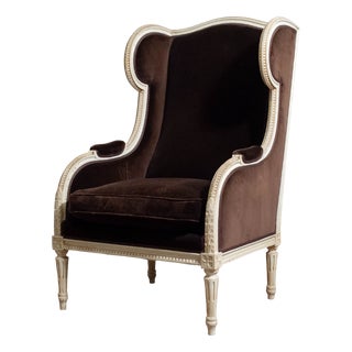 19th Century Louis French Wingback Armchair in Brown Velvet For Sale