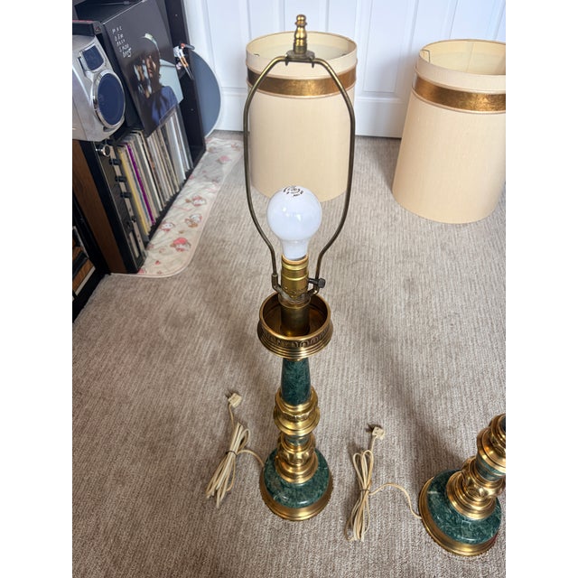 Brass Vintage Mid Century Modern Green Marble and Brass Table Lamp Pair For Sale - Image 8 of 10