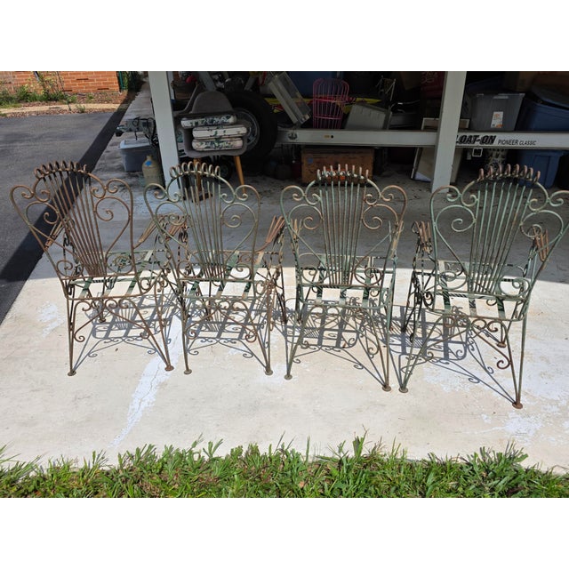 Vintage Neoclassical Style Green Wrought Iron Lyre Harp Garden Chairs - Set of 4 For Sale - Image 9 of 12
