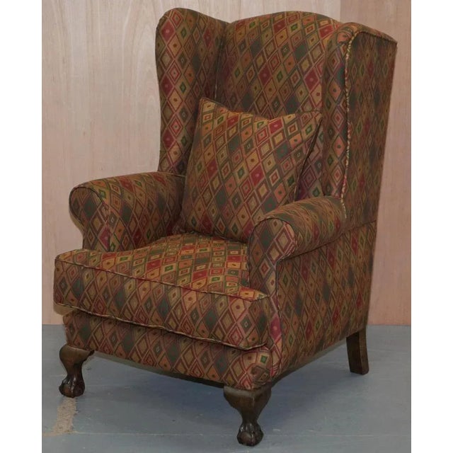 Vintage Wingback Armchair with Claw & Ball Feet and Kilim Style Upholstery For Sale - Image 3 of 18