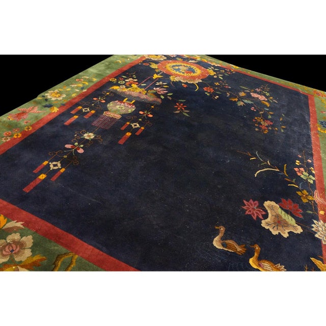 Textile 1920s Navy Blue Floral Vase Antique Chinese Art Deco Carpet 8' 10" X 11' 6" Rug For Sale - Image 7 of 8