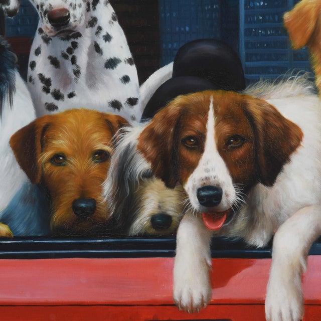Late 20th Century Framed Signed Remington "Canine Convertible Cruise" Oil Painting For Sale - Image 5 of 12