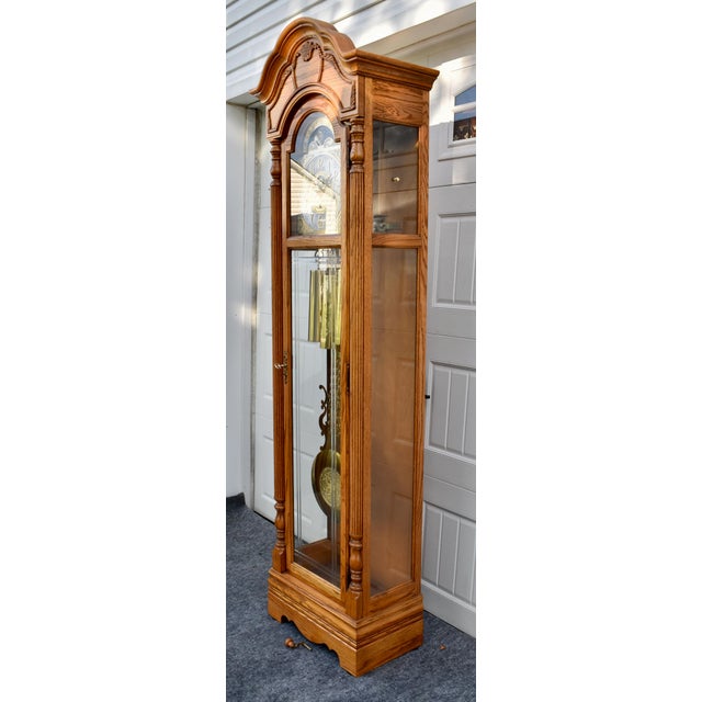 1990s Howard Miller Oak Grandfather Clock Moon Dial Triple Chime Floor Tall Case For Sale - Image 5 of 17