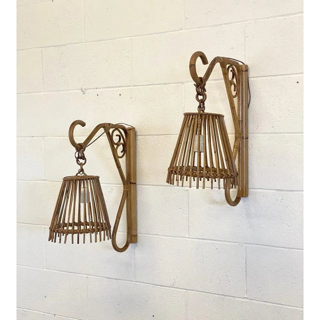 Wood Wall Lamps in Wicker and Bamboo, 1970s, Set of 2 For Sale - Image 7 of 12