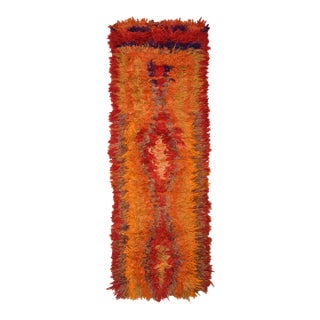 1970s Vintage Handmade Wool Cotton Orange Red High Pile Runner Rug For Sale
