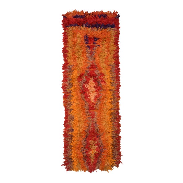 1970s Vintage Handmade Wool Cotton Orange Red High Pile Runner Rug For Sale