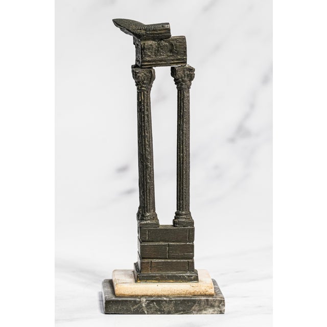 Lovely Pair Antique Small Miniature Bronze Roman Temple Models, Grand Tour Vespasian Castor Pollux Marble Base Neoclassical For Sale - Image 11 of 15