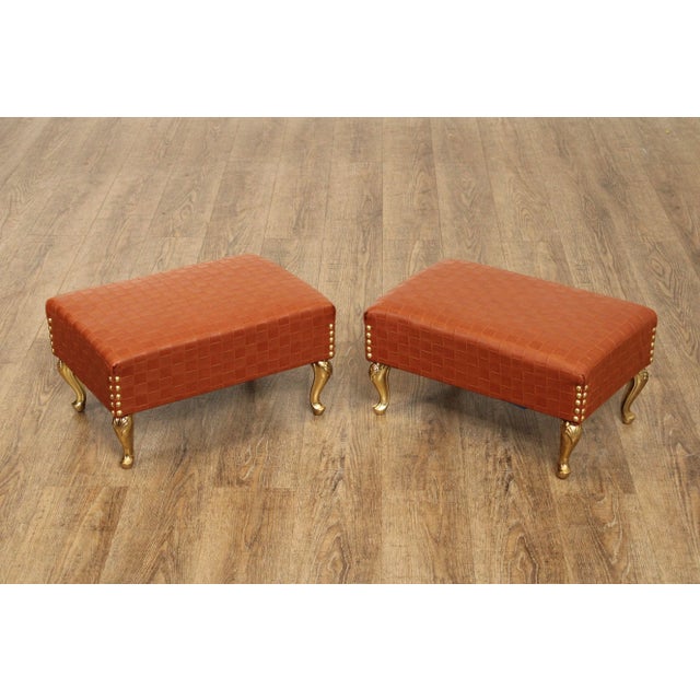 High Quality Vintage Pair of Checkered Leather Upholstered Foot Stools or Ottomans, Mounted on Gilt Brass Cabriole Legs