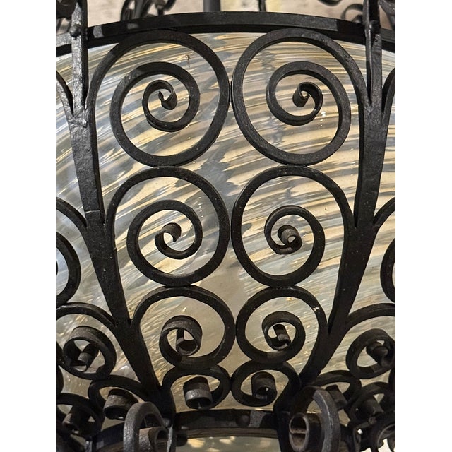 Late 19th Century Antique Hanging Lantern Wrought Iron With Opalescent Art Glass Shade For Sale - Image 5 of 5