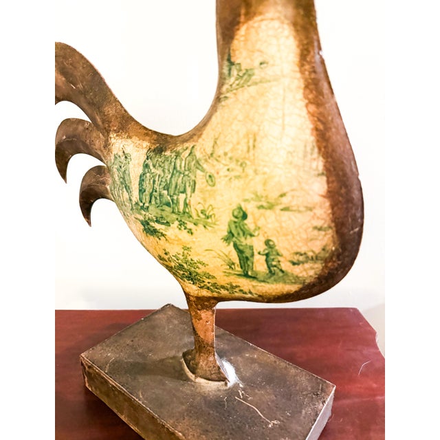 Primitive Large 1980s Aluminum Rooster With Hand Painted Decoupage in a Toile Design. For Sale - Image 4 of 10