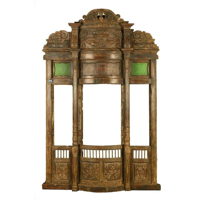 Monumental carved wood and stained glass door. Antique furniture in carved wood. Has 4 carved wooden shutters, 2 stained...