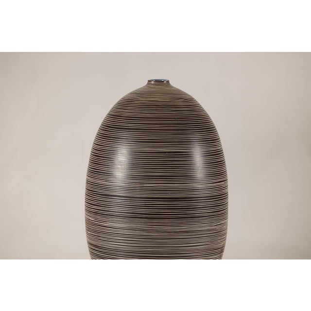 Large Artisan Ceramic Vase with Fine Linear Decoration in Brown and Cream For Sale - Image 11 of 16