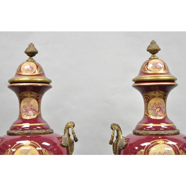 Metal Vintage Palace Size French Sevres Style Red Porcelain Revolving Covered Urn Pair For Sale - Image 7 of 18