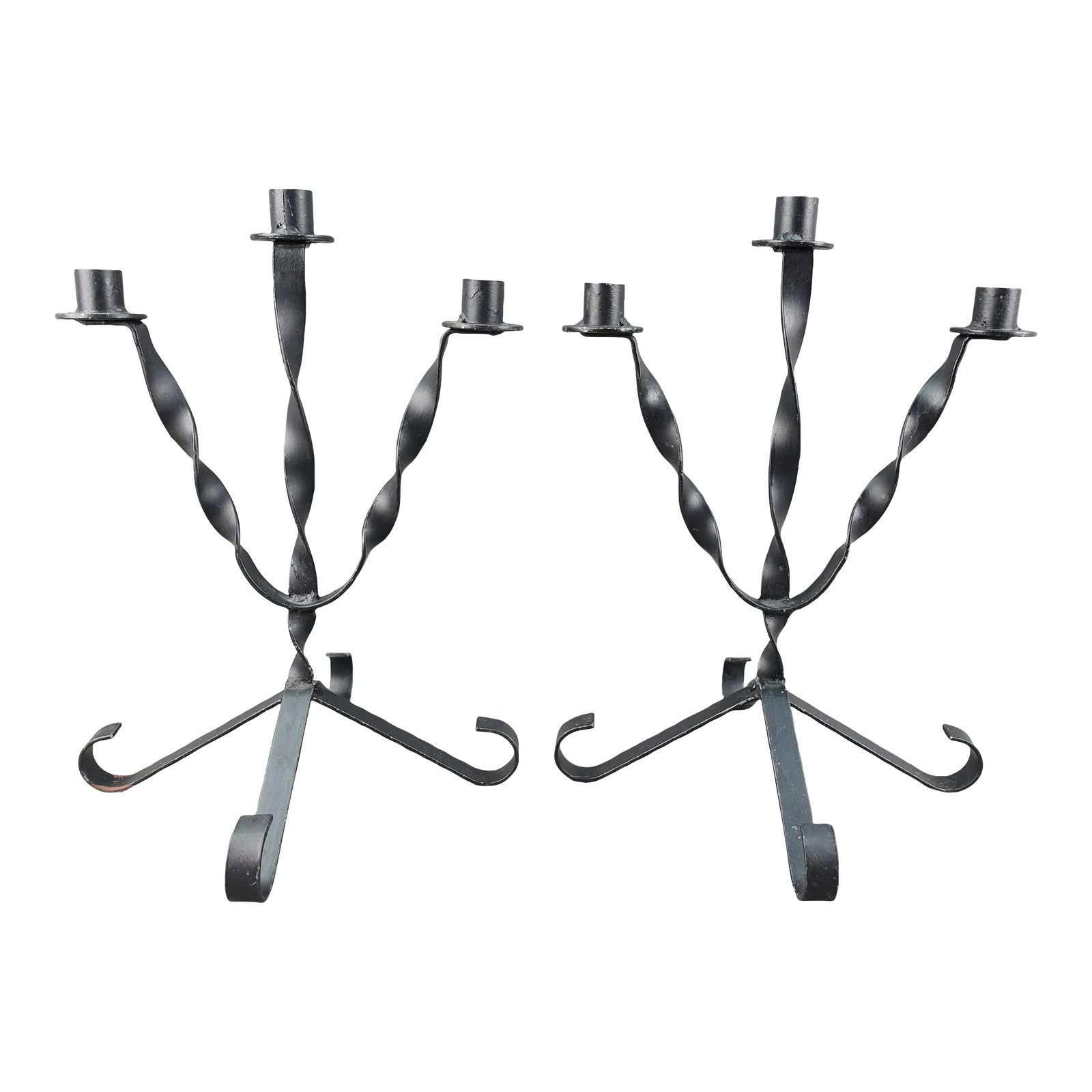Pair of Vintage MidCentury Modern Twisted Wrought Iron Candelabras