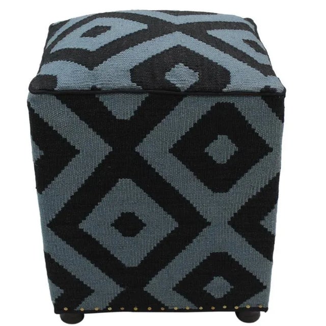 Boho Chic Schuster Black/Grey Handmade Kilim Upholstered Ottoman For Sale - Image 4 of 8
