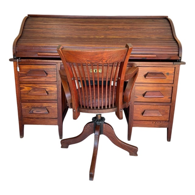 American Bureau Desk and Chair with Blinds, Set of 2 For Sale