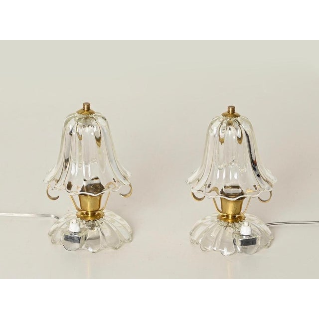 1940s Bell-Flower Murano Glass and Brass Table Lamps from Barovier, Italy, 1940s, Set of 2 For Sale - Image 5 of 16
