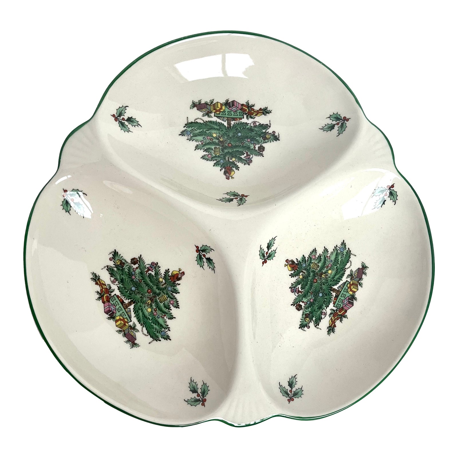 1990s Spode Christmas Tree Triple Divided Candy/Condiment Dish | Chairish