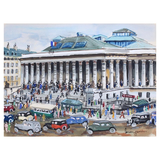 Lucien Génin, Paris La Bourse, 1930s, Gouache on Paper, Framed For Sale