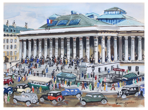 Lucien Génin, Paris La Bourse, 1930s, Gouache on Paper, Framed
