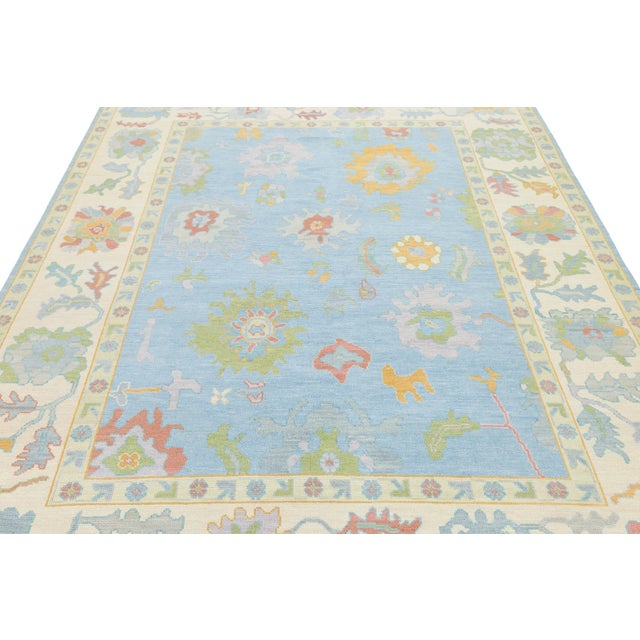 8x10 Modern Oushak Style Hand-Knotted Wool Rug - Pastel Blue & Cream Floral For Sale In New York - Image 6 of 10