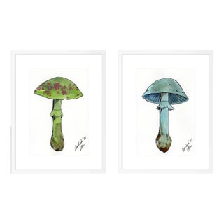 Mushroom Diptych in Green & Blue by Lia Burke Libaire in White Frame, Small Art Prints, Set of 2 For Sale