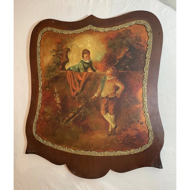 Antique 19th Century Original Boy Girl Landscape Oil Painting Wood Badge Panel For Sale - Image 12 of 14