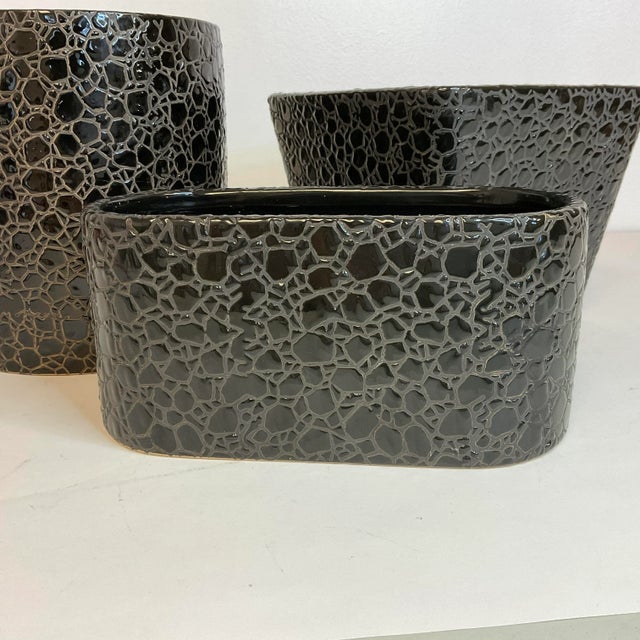 1970s Vintage Boho Chic Contemporary Modern Faux Croc Embossed Ceramic Planters - Set of 3 For Sale - Image 5 of 10
