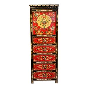 Tibetan Hand Painted Elm Wood Tall Cabinet