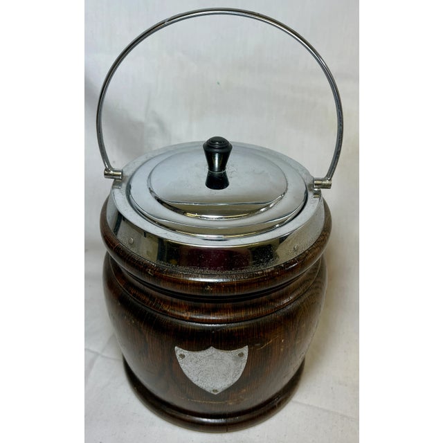Vintage Oak Biscuit Jar /Ice Bucket With Chrome Trim and Ceramic Lining Made in England - Circa 1940. Please note the ding...