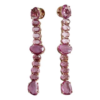 Set in 18k Rose Gold, 15.14 Carats Pink Sapphire Rose Cut Chandelier Earrings, Pair For Sale