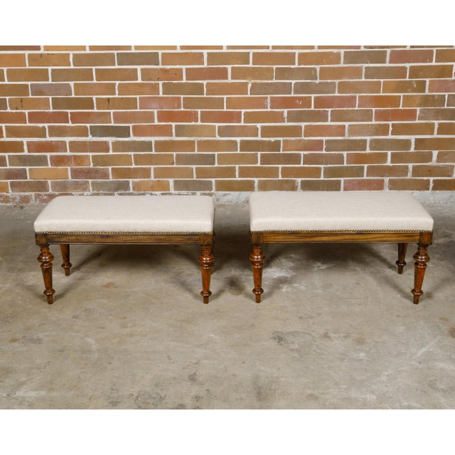 19th Century Pair of English 19th Century Oak Stools with Turned Legs and Custom Upholstery For Sale - Image 5 of 12