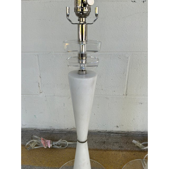 Modern Currey & Co Modern White Marble & Glass Lamps - Pair. For Sale - Image 3 of 5