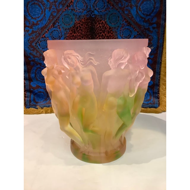 1950s Vintage XL Crystal Heavy Glass Art Vase, Green Pink Ombré Naked Ladies For Sale - Image 12 of 13