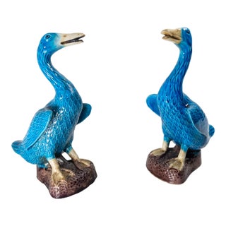 20th Century Pair of Chinese Turquoise Blue Glazed Chinoiserie Ducks or Geese For Sale