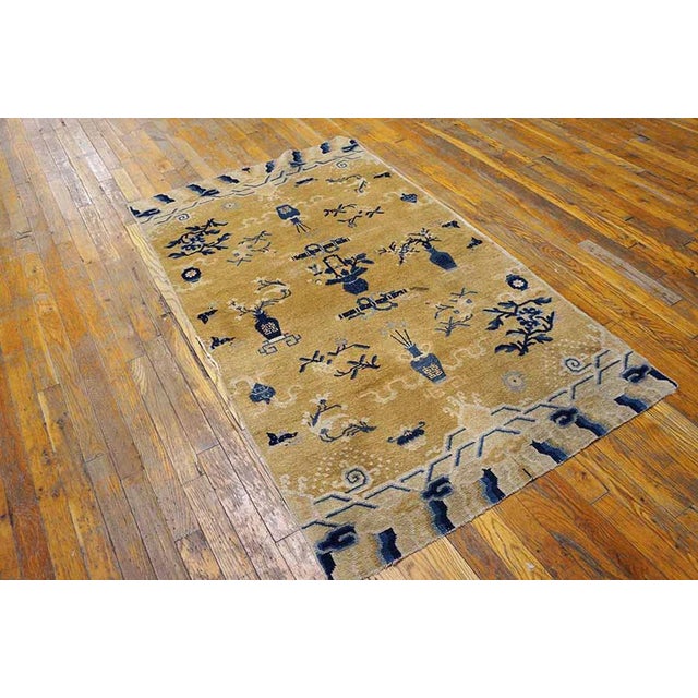 1870s Champagne Vase Qing Antique Chinese Ningxia Rug 3' X 5' Knotted Wool Carpet For Sale - Image 9 of 9