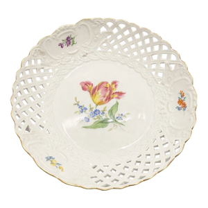1970s Exquisite Meissen Reticulated Porcelain Bowl – Hand-Painted Floral Decor – 24.5 Cm