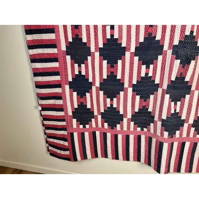 Matching Pair of Antique American Patriotic Hand Quilted Log Cabin Quilts C. Early 20th Century For Sale - Image 13 of 13