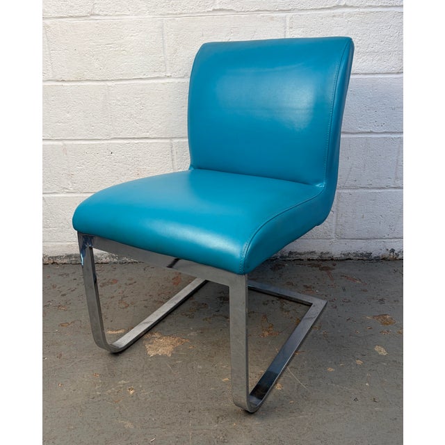 Vintage Blue Vinyl Flat Bar Chrome Dining Chairs - Set of 6 For Sale - Image 14 of 17