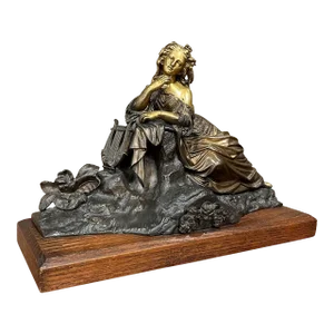 19th Century French Bronze Statue of Maiden With Lyre