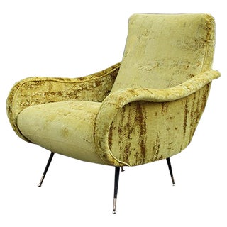 Italian Yellow Velvet Lounge Chair with Brass Base, 1950s For Sale