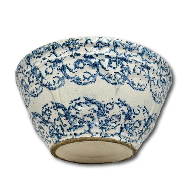 Royal Blue Beautiful Large 12 Inch Size Antique American Blue Spongeware Decorated Stoneware Kitchen Mixing Bowl - 1890s For Sale - Image 8 of 18