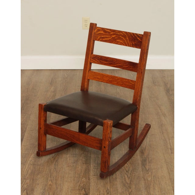 Mission Mission Antique Oak and Leather Children's Rocking Chair For Sale - Image 3 of 13