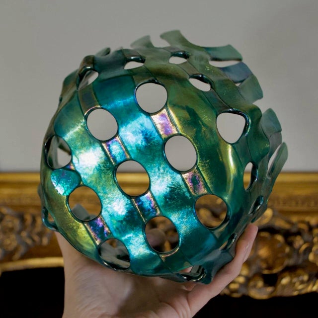 Iridescent Blue Green Fused Art Glass Coral Basket Bowl – Sculptural Studio Glass For Sale - Image 9 of 11
