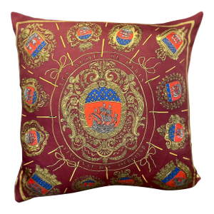 Hermes Small Silk Scarf Pillow in Rich Burgundy Hermes " Les Armes De Paris" Motif. Paris