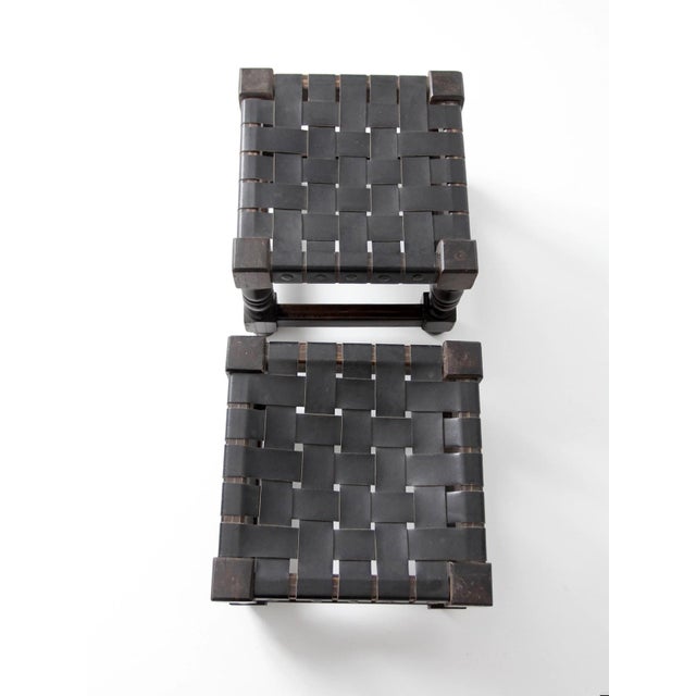 Mid-Century Spanish Revival Leather Strap Stools Pair For Sale - Image 14 of 15