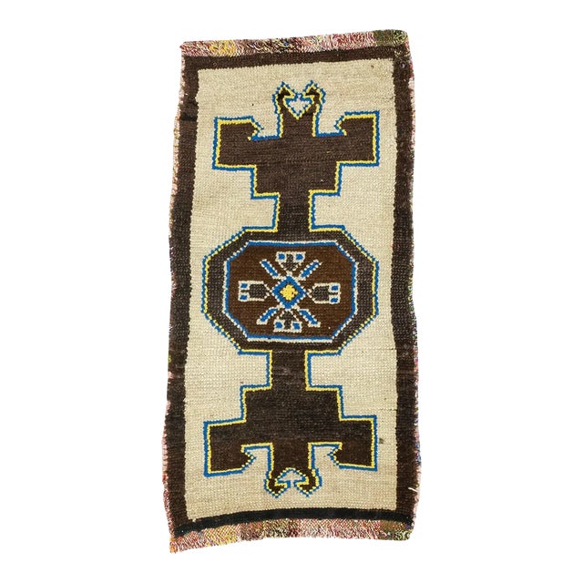 Brown & Cream Vintage Mini Rug For Sale